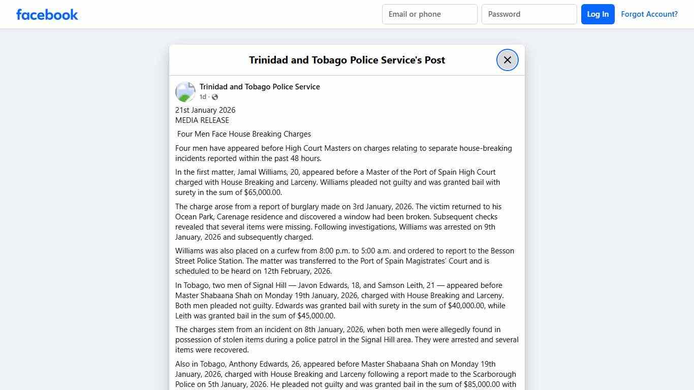 21st January 2026... - Trinidad and Tobago Police Service Facebook